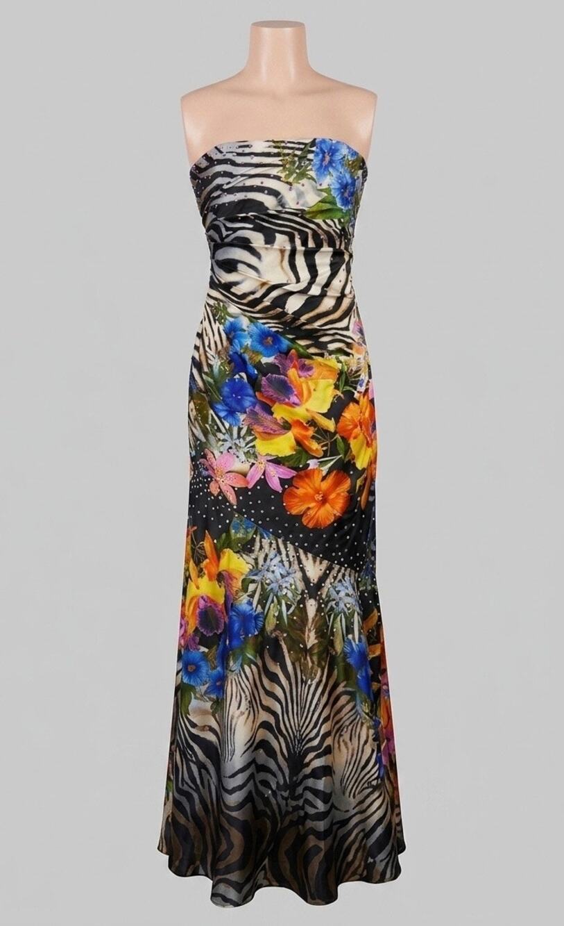 Vintage 90s Y2K Night Moves Strapless Animal Print Rhinestone Mermaid Gown 14